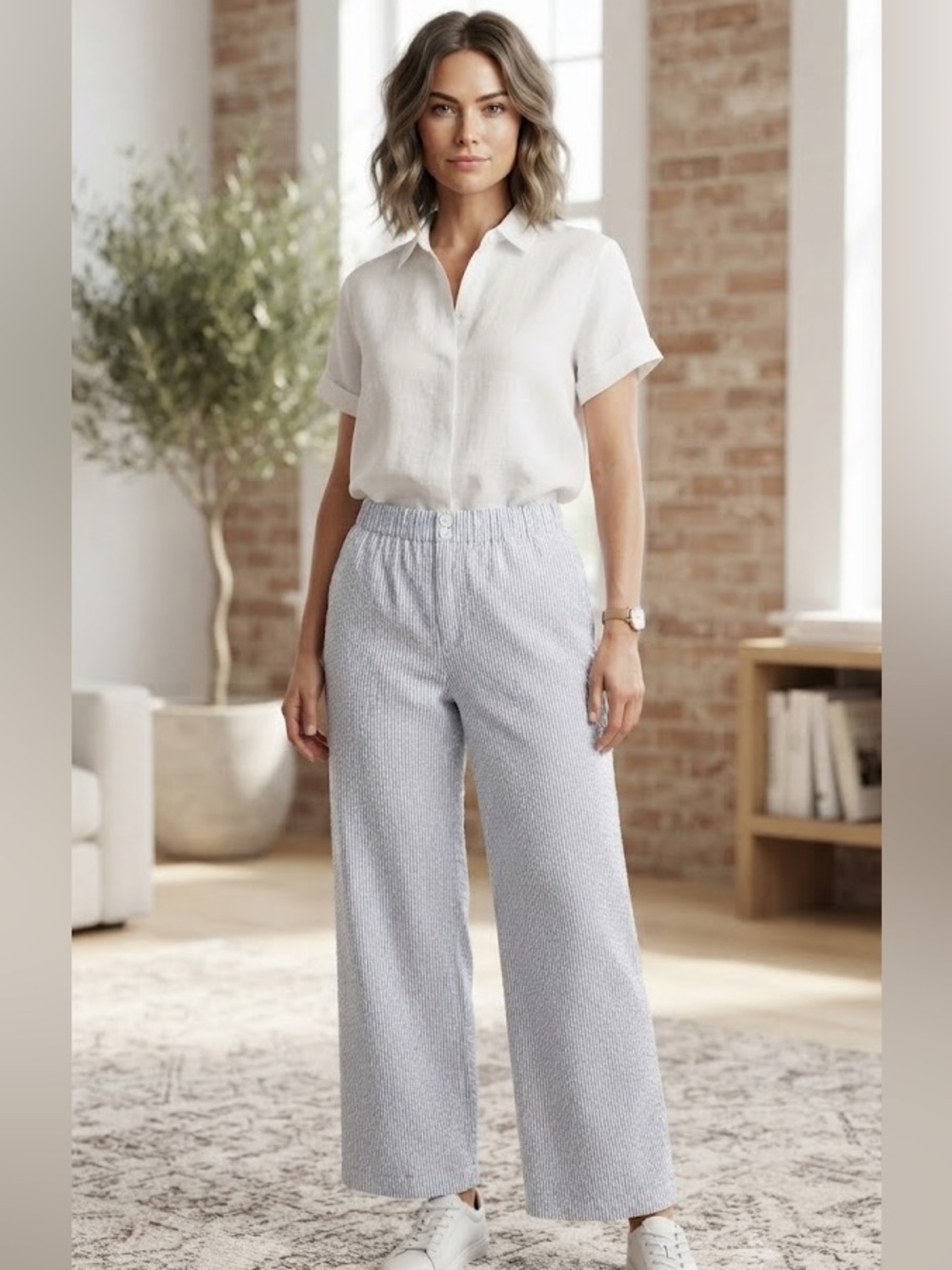 NWT Wild Fable Striped Seersucker Wide-Leg Pants Size M Light Blue Women'sCasual